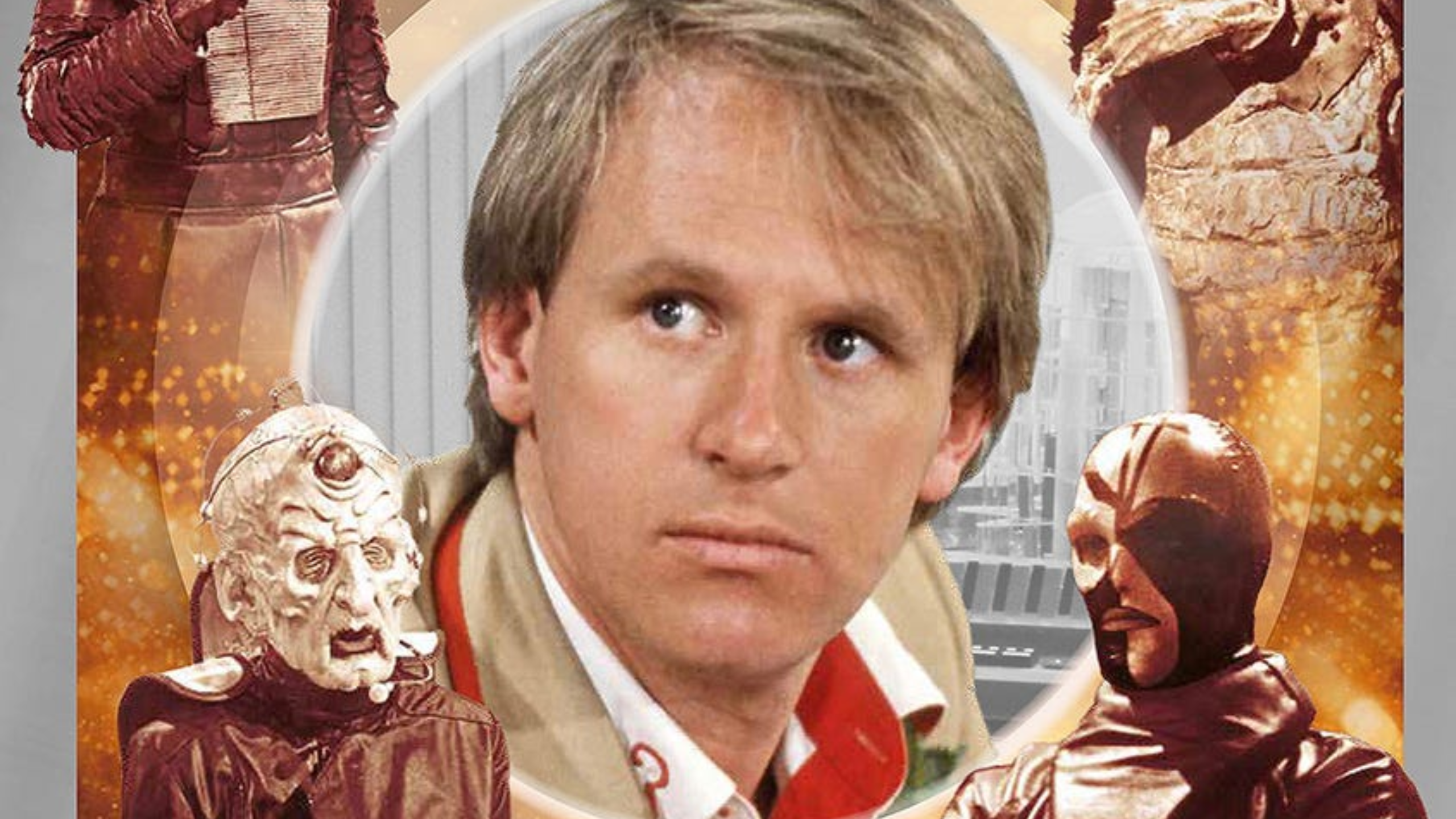 Doctor Who Magazine: Chronicles - 1984 (c) Panini. The Fifth Doctor looks mildly concerned at the centre of the cover in closeup, surrounded by smaller images of the Gravis, a Sea Devil, Davros, and Sharez Jek