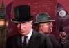 Tom Baker Returns as Sherlock Holmes! Tom Baker as Sir Sherlock Holmes and John Leeson as Dr. Watson in The Red Letter Day (c) AUK Holmes in black top hat and suit, and Watson in glasses and trilby hat, holding a revolver. Behind them is a a letter written with red ink on paper of a darker red. To one side is Big Ben, and the other a full moon.