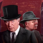 Tom Baker Returns as Sherlock Holmes! Tom Baker as Sir Sherlock Holmes and John Leeson as Dr. Watson in The Red Letter Day (c) AUK Holmes in black top hat and suit, and Watson in glasses and trilby hat, holding a revolver. Behind them is a a letter written with red ink on paper of a darker red. To one side is Big Ben, and the other a full moon.