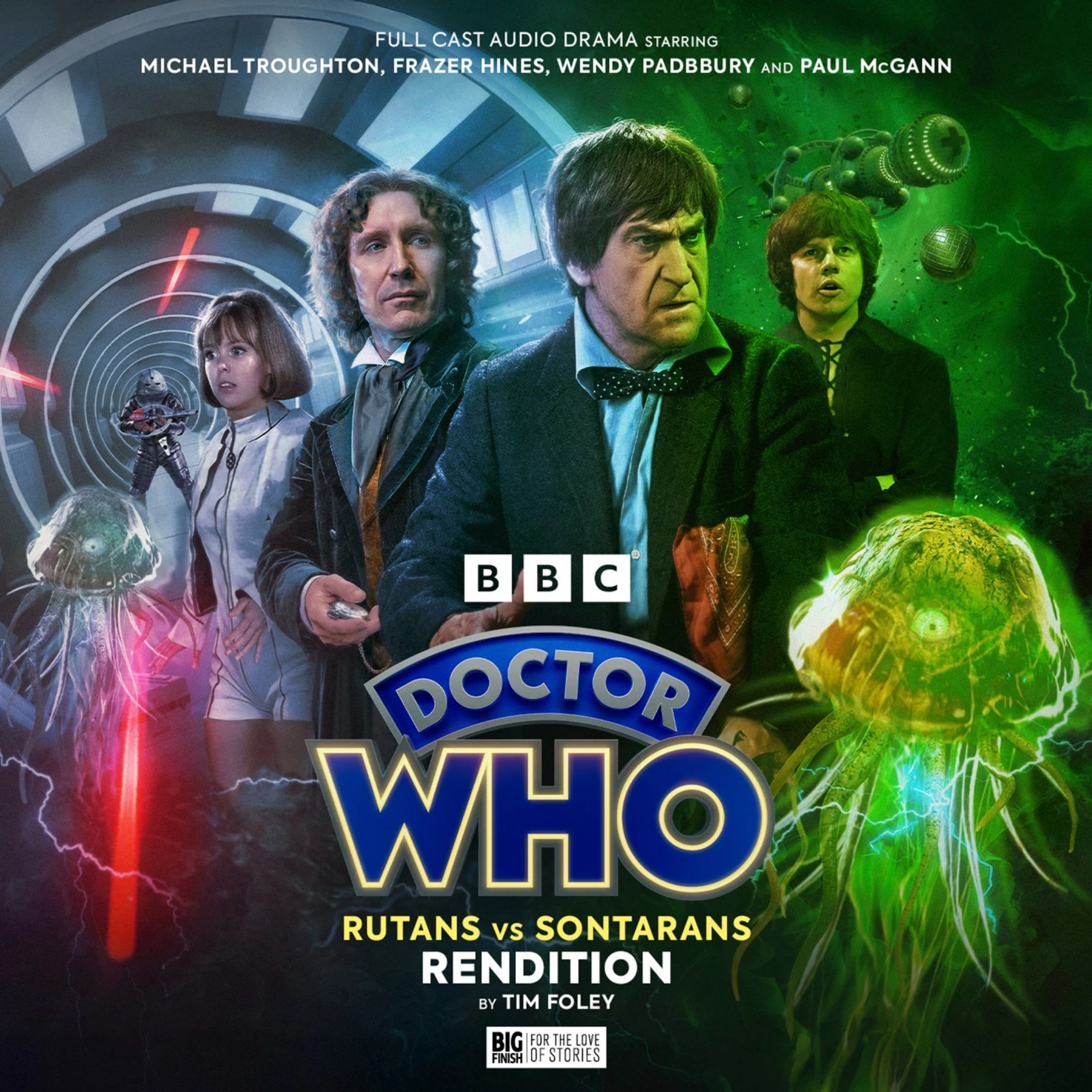 Doctor Who: Rutans vs Sontarans - Rendition. Cover by Sean Longmore (c) Big Finish. The Second and Eighth Doctor stand in a futuristic round corridor, flanked by Zoe and Jamie, while a Sontaran approaches from the distance and a jellyfish like Rutan floats in the air. Ton one side the image fades to that of a spacehip with a red cross on the hull and a spherical Sontaran ship.