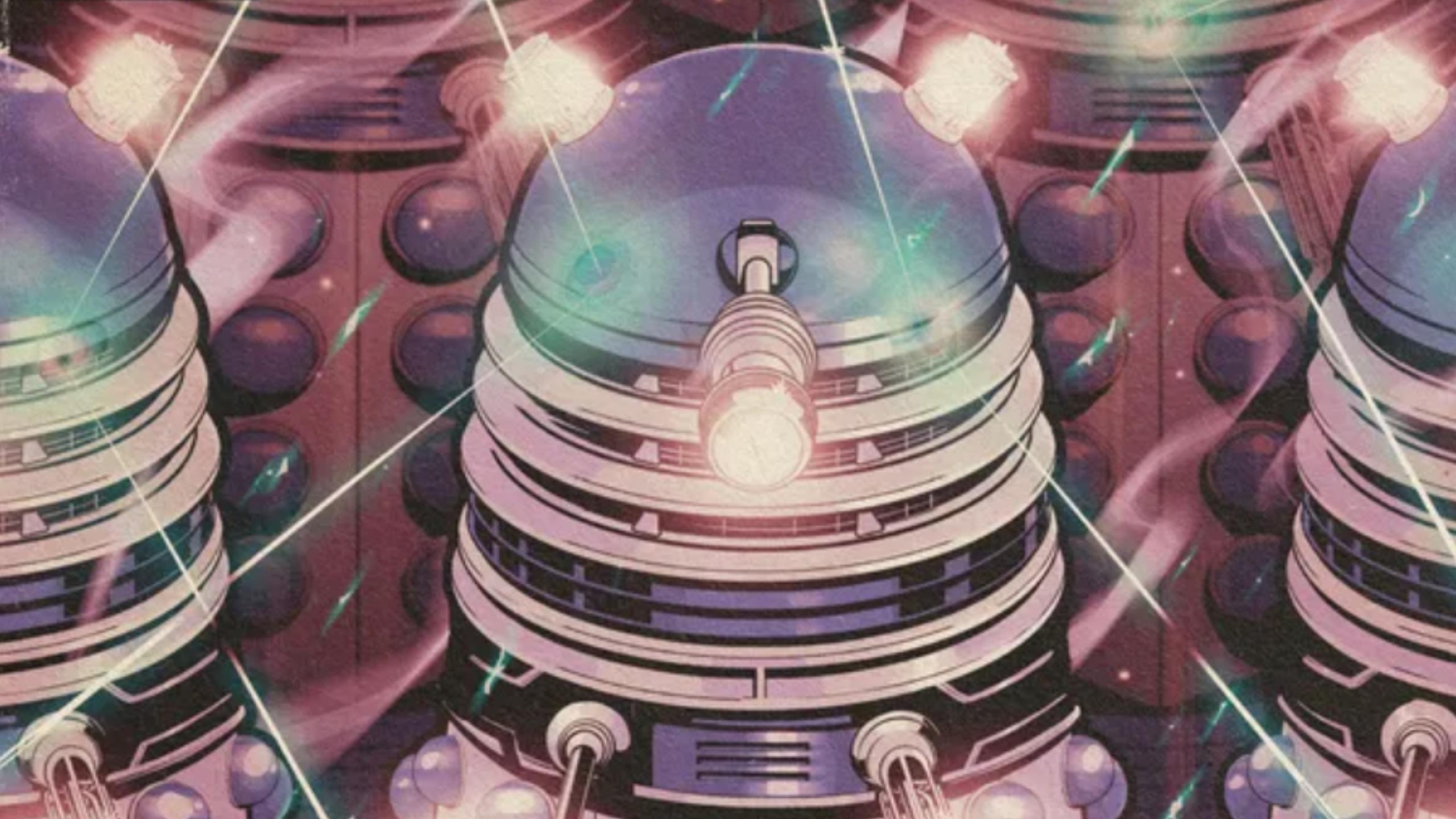Doctor Who: Adversary of the Daleks. Art by Flops (c) Titan Comics. A row of classic silver and blue Daleks, their lights flashing in unison