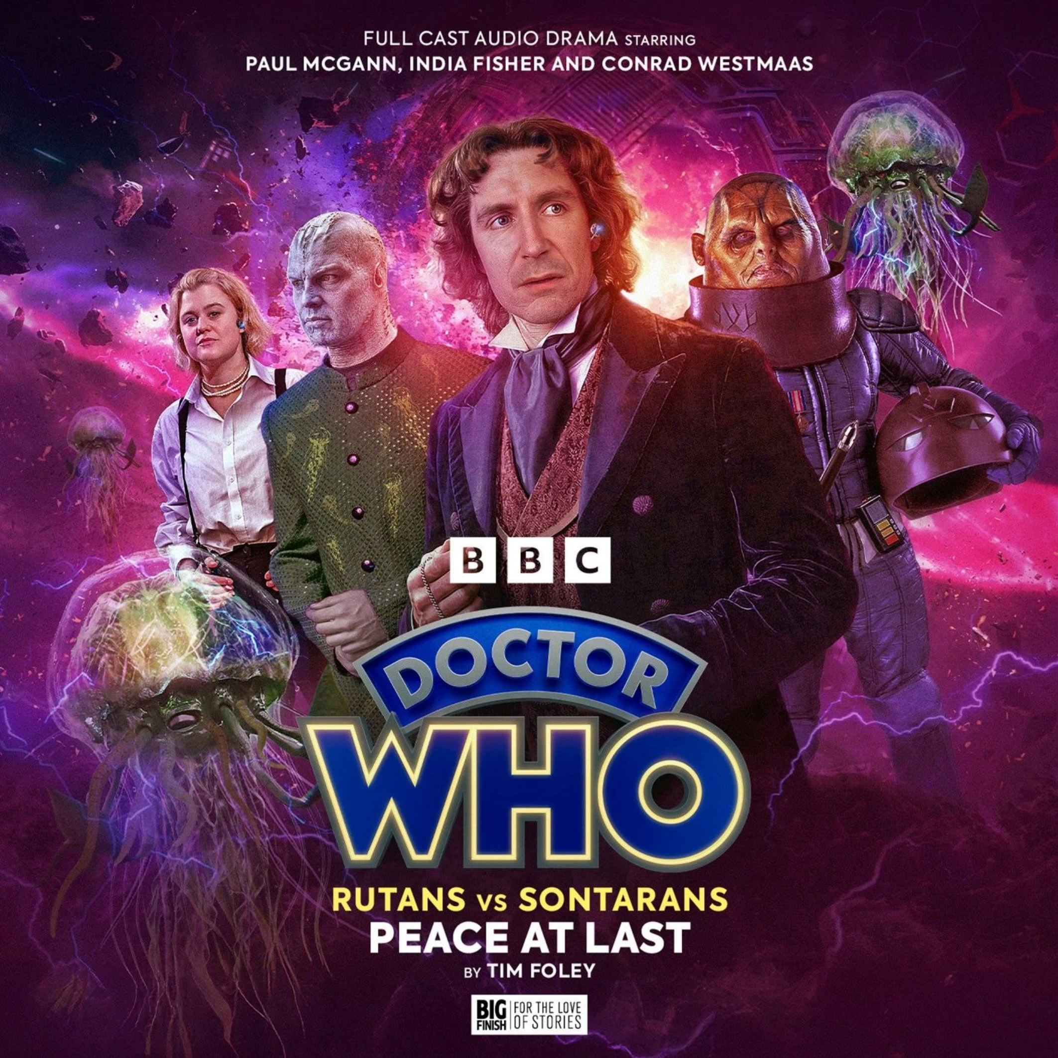 Peace at Last Doctor Who: Peace at Last. Cover by Sean Longmore (c) Big Finish. Photo montage. The Eighth Doctor at the centre, while spread out behind him are C'Rizz (a humanoid lizard in a green nehru suit). Charley in a white dress shirt and braces, a Sontaran, and two Rutans