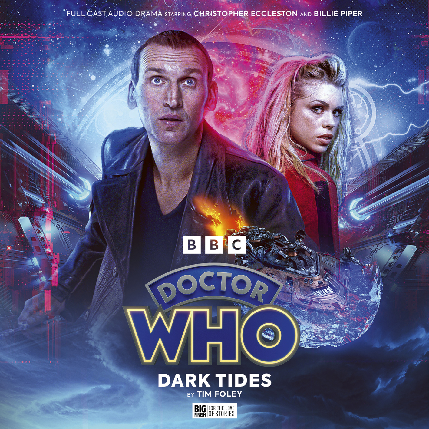 DW09D0407_darktides_1417 Doctor Who: Dark Tides. Cover by Soundsmyth Creative (c) Big Finish. The Ninth Doctor looks upwards, alarmed, while Rose looks back over her shoulder confidently. The background is a composite of spaceship corridor, stars, and a burning spaceship in a dive.