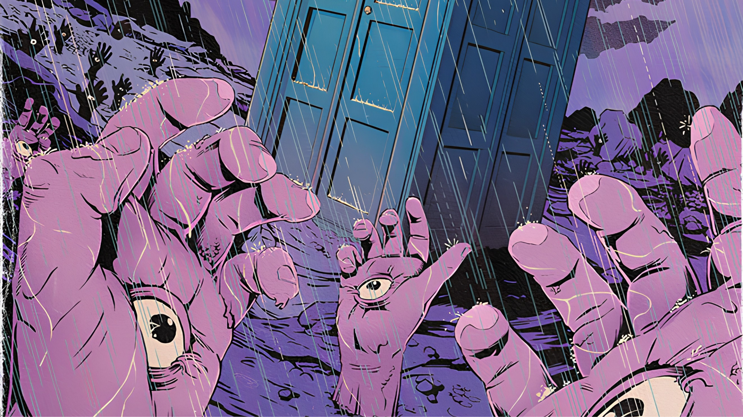 Doctor Who: Dawn of the Daleks. Art by Flops (c) Titan Comics. Many Handmines (hands reaching up from the mood, each with an eye in the middle of the palm) surround the TARDIS as rain pours from the sky
