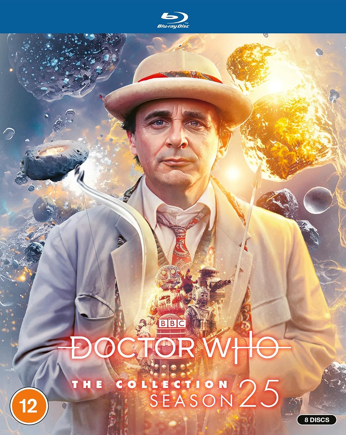 Collection Season 25 Standard Edition (c) BBC Studios. The Seventh Doctor holds the Nemesis Bow in his hand, above a collage of monsters such as the Special Weapons Dalek, Cyberman, Kandyman and more...