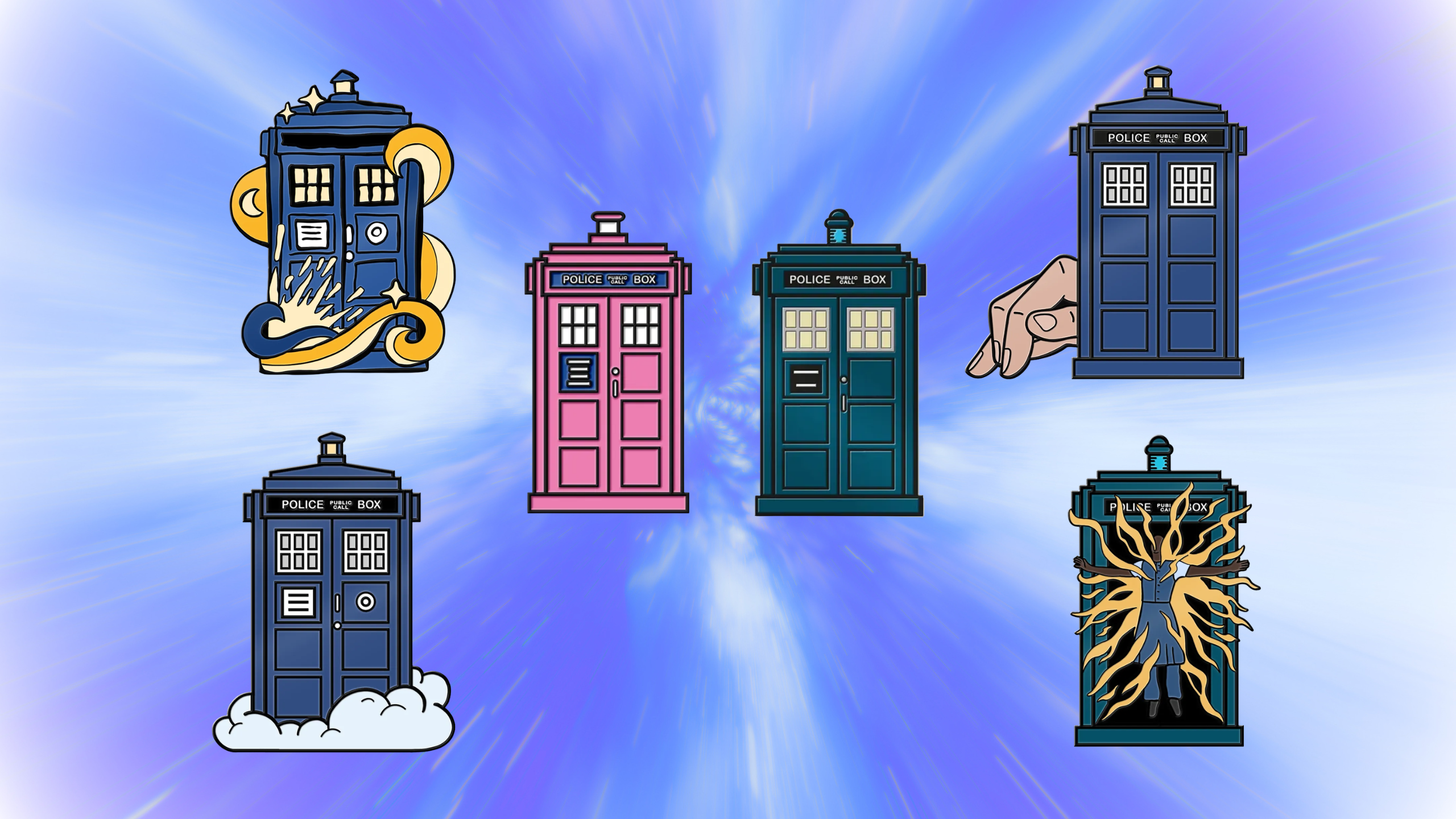 The latest wave of Doctor Who badge from Forbidden Planet. Six badges - the Van Gogh TARDIS, the Cloud TARDIS, the Pink TARDIS, the 2018 TARDIS, the Flatline TARDIS, and the Fifteenth Doctor Regeneration TARDIS.